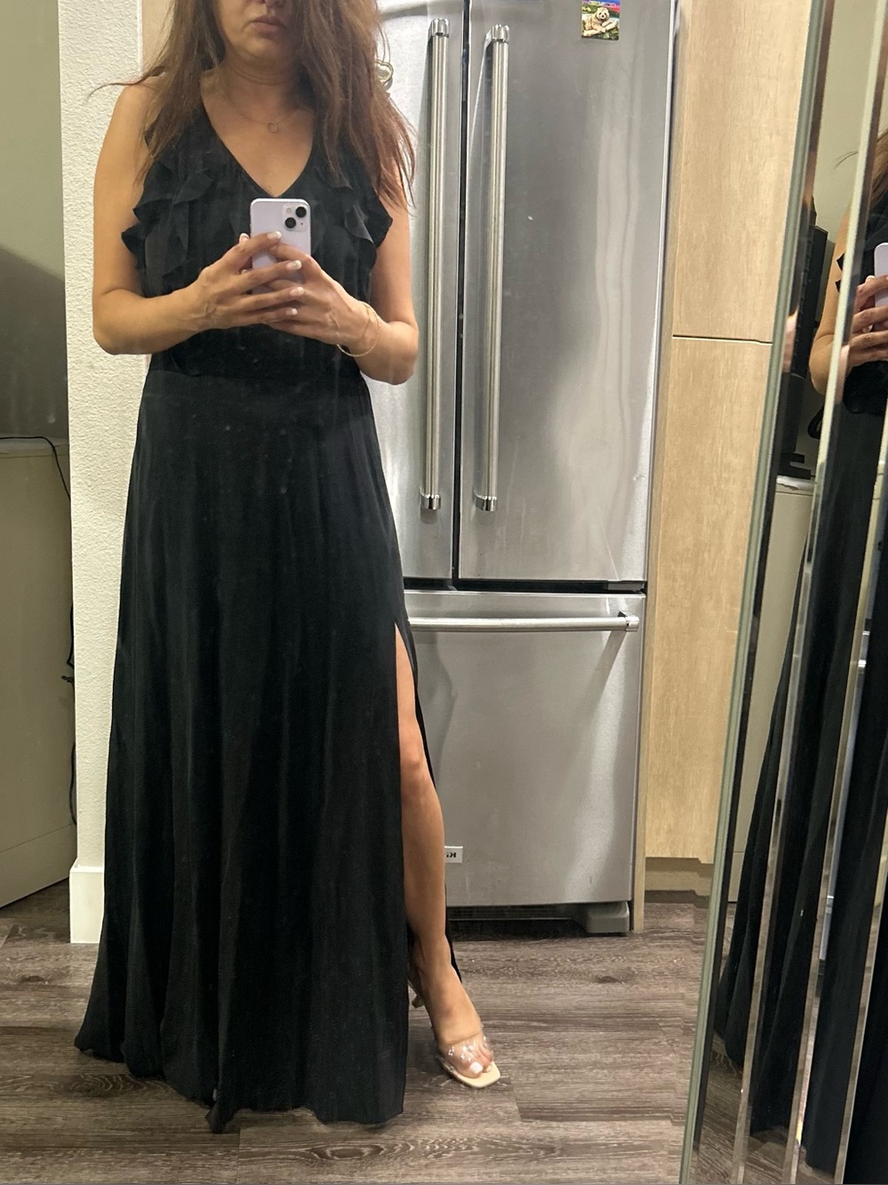 A.L.C. Black Ruffle V-Neck Maxi Dress with Side Slit